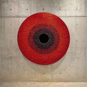 May include: A large circular wall art piece featuring a textured, moss-like surface. The design consists of concentric rings transitioning from a bright red outer edge to a darker red middle band, ending in a deep black center with a hollow core.
