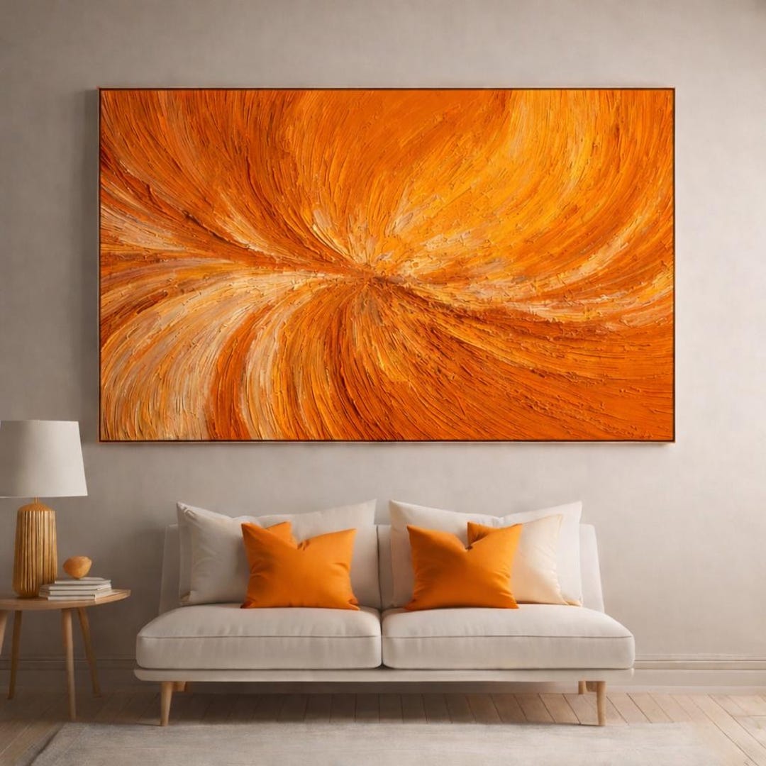 Large Orange Abstract Textured Oil Painting, Sunset Swirl Canvas Art ...
