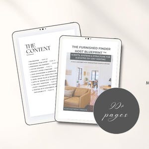 Könnte beinhalten: Zwei Tablets zeigen die Seiten "Furnished Finder Host Blueprint" und "The Content". Der Leitfaden enthält Skripte und Systeme für das Hosting von Mietobjekten auf mittlere Sicht. Ein dunkelgrauer Kreis zeigt "90+ Seiten" an. Eine "Jetzt kaufen"-Schaltfläche ist ebenfalls sichtbar.