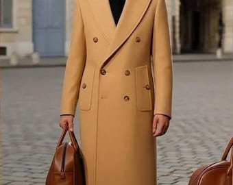 Camel Long Men’s Overcoat Winter Mantel Herren Costume Homme Double Breasted Formal Luxury Menswear