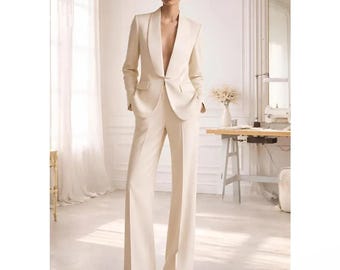 Ivory Women's Suit Tailored Bridal Pantsuit Wedding Outfit Minimalist Formal Femme Elegant Mariage