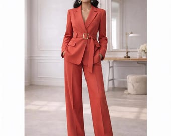 Coral Red Women's Suit Set | Belted Blazer & Wide Leg Pantsuit | Elegant Power Office Wear