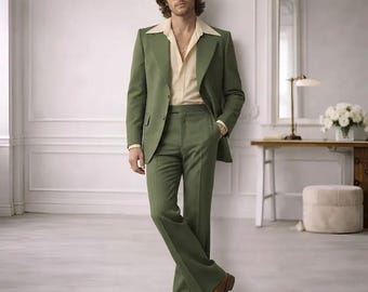 Men's Sage Green 70s Retro Suit – Olive Wide-Leg Disco Wedding Outfit