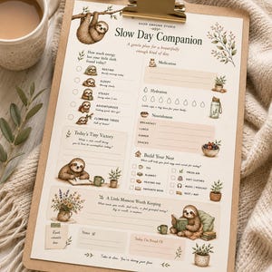 May include: A daily planner sheet titled Slow Day Companion on a wooden clipboard. The paper features sloth illustrations, sections for medication, hydration, nourishment, and daily tasks. Text includes Today's Tiny Victory and Build Your Nest.