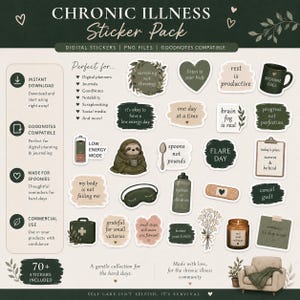 Könnte beinhalten: Ein digitales Sticker-Paket mit dem Titel "CHRONIC ILLNESS Sticker Pack" mit verschiedenen Aufklebern. Die Aufkleber zeigen Sätze wie "Low Energy Mode", "Flare Day" und "It's okay to have a low energy day". Das Paket enthält über 70 Aufkleber.