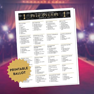 Könnte beinhalten: Ein druckbarer Stimmzettel für die Academy Awards 2026 mit Kategorien wie Bester Film, Bester Regisseur und Bester Schauspieler. Der Stimmzettel befindet sich auf einem weißen Blatt mit einem goldenen Stern, auf dem "Druckbarer Stimmzettel" steht.
