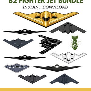 Pode incluir: Um pacote de arte digital com vários designs de B2 Fighter Jet em ouro, preto e cinza. O texto "B2 FIGHTER JET BUNDLE INSTANT DOWNLOAD" é exibido no topo. Os formatos de arquivo incluem JPG, PDF, PNG, DXF, EPS e SVG.