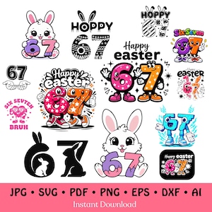 Puede incluir: Una colección de diseños digitales con temática de Pascua con el número 67. Los diseños incluyen conejitos de dibujos animados, las palabras "Happy Easter" y "Hoppy", y los números en varios estilos. Formatos: JPG, SVG, PDF, PNG, EPS, DXF y AI.