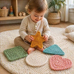 May include: A child is holding a yellow star-shaped crochet item. Surrounding the child are crochet items in various shapes and colors, including a green square, a cream-colored circle, a blue triangle, and a pink heart. The items are on a cream-colored rug.