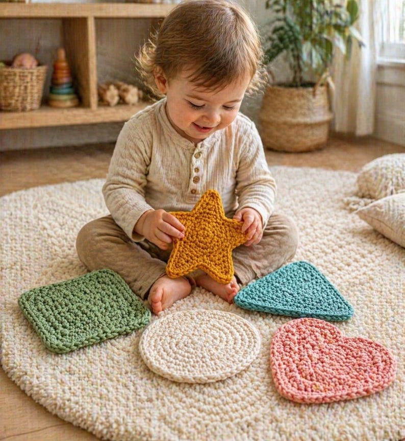 May include: A child is holding a yellow star-shaped crochet item. Surrounding the child are crochet items in various shapes and colors, including a green square, a cream-colored circle, a blue triangle, and a pink heart. The items are on a cream-colored rug.