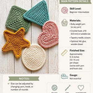 May include: Crochet pattern details with five basic shapes: a square, triangle, heart, circle, and star. The shapes are in green, teal, pink, cream, and gold. The pattern is beginner-intermediate level and the finished size is approximately 5-6 inches.
