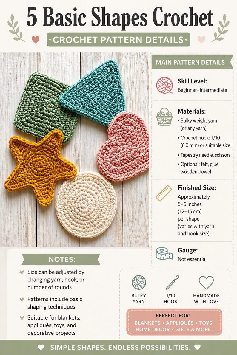 May include: Crochet pattern details with five basic shapes: a square, triangle, heart, circle, and star. The shapes are in green, teal, pink, cream, and gold. The pattern is beginner-intermediate level and the finished size is approximately 5-6 inches.