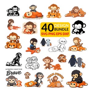 Puede incluir: Una colección de 40 diseños con temática de monos en varios estilos, incluyendo ilustraciones de dibujos animados y arte lineal. Los diseños presentan monos con osos de peluche, pingüinos y texto que dice "ULTIMATELY I HAVE TO BE Brave" y "TEAM PUNCH". Formatos: SVG, PNG, EPS y DXF.