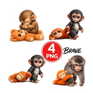 May include: Four PNG images of cartoon monkeys in different poses. One monkey is hugging a teddy bear, while others are interacting with orange plush toys. The word "Brave" is written in cursive next to a red circle with the number "4" and "PNG".