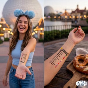 May include: A person wearing a light blue top and blue jeans with a temporary tattoo on their arm. The tattoo features a list of countries with hearts and the word "Snacking". A pretzel is on a wooden board.