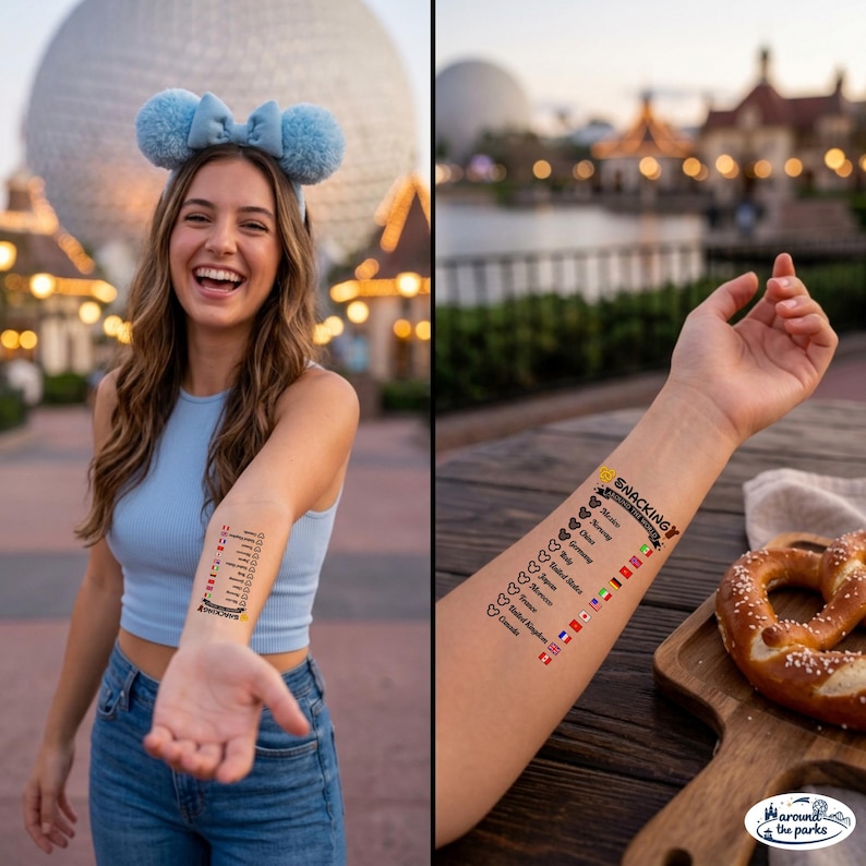 May include: A person wearing a light blue top and blue jeans with a temporary tattoo on their arm. The tattoo features a list of countries with hearts and the word "Snacking". A pretzel is on a wooden board.