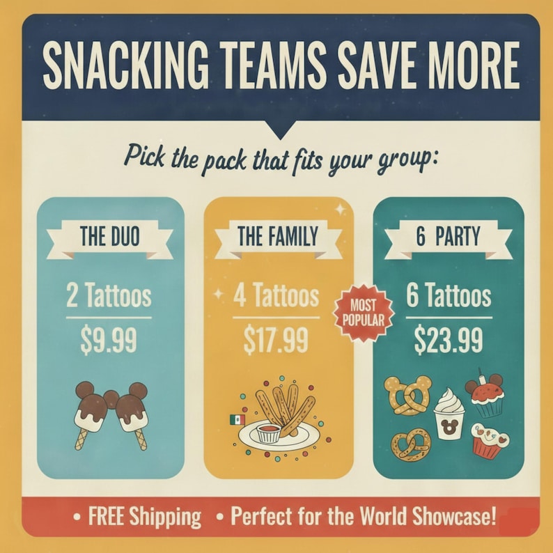 May include: A promotional graphic with the text "SNACKING TEAMS SAVE MORE." It offers three packs: "The Duo" with 2 tattoos for $9.99, "The Family" with 4 tattoos for $17.99, and "6 Party" with 6 tattoos for $23.99. Includes food illustrations.