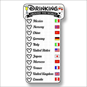 Op de afbeelding: Een witte rechthoekige checklist met afgeronde bovenhoeken met de tekst Drinking Around The World. Het bevat een lijst van elf landen met bijbehorende nationale vlaggen en een Mickey Mouse-hoofdpictogram naast elke landnaam.