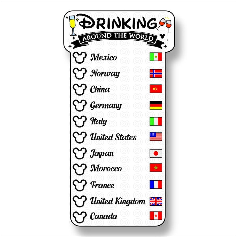 Op de afbeelding: Een witte rechthoekige checklist met afgeronde bovenhoeken met de tekst Drinking Around The World. Het bevat een lijst van elf landen met bijbehorende nationale vlaggen en een Mickey Mouse-hoofdpictogram naast elke landnaam.