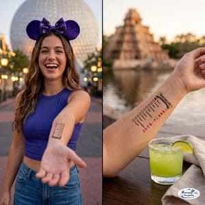 Op de afbeelding: Een tijdelijke tatoeage op een arm met een lijst getiteld Drinking Around the World met landnamen, kleine hartjesiconen en nationale vlaggen, waaronder Mexico, Noorwegen, China, Duitsland, Itali&euml;, de Verenigde Staten, Japan, Marokko, Frankrijk, het Verenigd Koninkrijk en Canada.