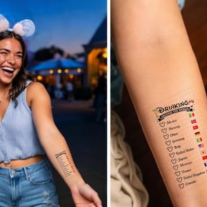 Op de afbeelding: Een tijdelijke tatoeage op een arm met de tekst Drinking Around The World, een lijst met landen waaronder Mexico, Noorwegen, China, Duitsland, Itali&euml;, Verenigde Staten, Japan, Marokko, Frankrijk, Verenigd Koninkrijk en Canada, met vlaggen en Mickey-oren.