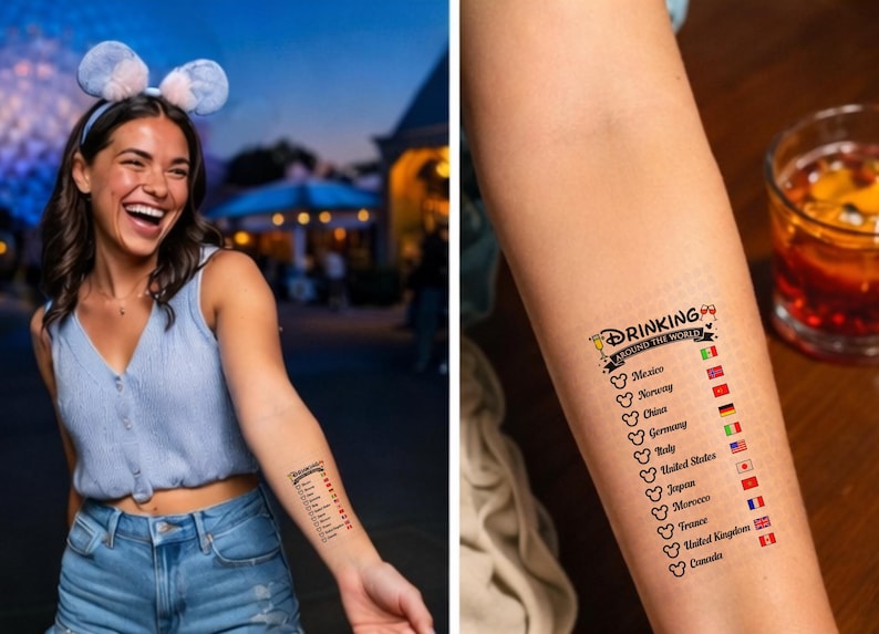 Op de afbeelding: Een tijdelijke tatoeage op een arm met de tekst Drinking Around The World, een lijst met landen waaronder Mexico, Noorwegen, China, Duitsland, Itali&euml;, Verenigde Staten, Japan, Marokko, Frankrijk, Verenigd Koninkrijk en Canada, met vlaggen en Mickey-oren.