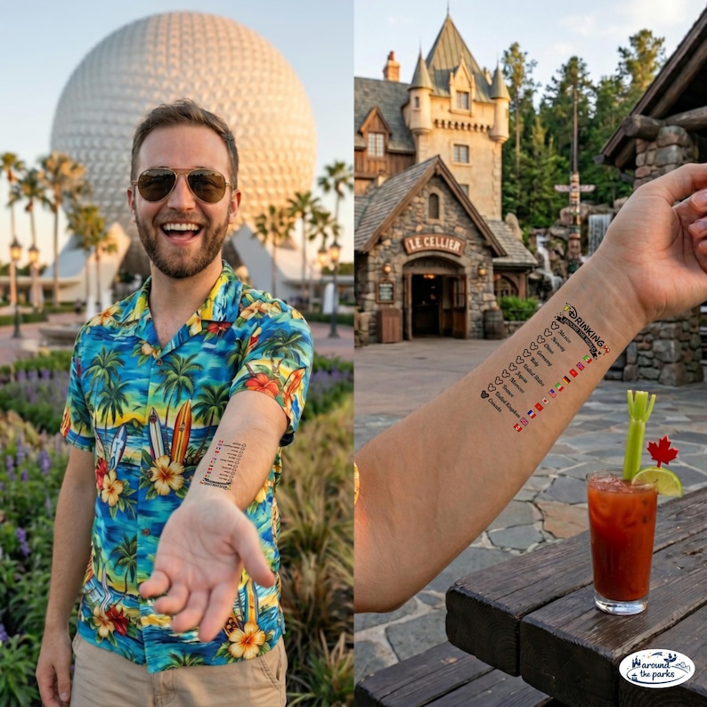 Op de afbeelding: Een tijdelijke tatoeage op een onderarm met een checklist getiteld Drinking Around the World met een lijst van landen waaronder Mexico, Noorwegen, China, Duitsland, Itali&euml;, Verenigde Staten, Japan, Marokko, Frankrijk, Verenigd Koninkrijk en Canada met vlaggen.