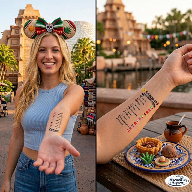 May include: A woman wearing a light blue top and jeans, with a decorative headband. Her arm displays a temporary tattoo with the word "Snacking" and country flags. A plate with food and a cup are on a table.
