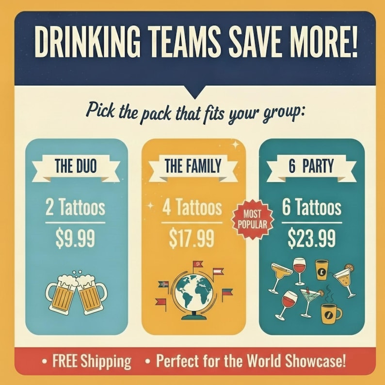 Op de afbeelding: Een grafische advertentie met de titel DRINKING TEAMS SAVE MORE! met drie opties: THE DUO met 2 tatoeages, THE FAMILY met 4 tatoeages en een wereldbolpictogram, en 6 PARTY met 6 tatoeages en diverse drankillustraties. Een rode ster bevat de tekst MOST POPULAR.