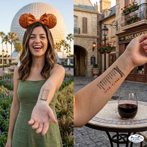 Op de afbeelding: Een tijdelijke tatoeage op een arm met een lijst getiteld Drinking Around the World met landnamen, hartvormige selectievakjes en nationale vlaggen, waaronder Mexico, China, Duitsland, Itali&euml;, Japan, Marokko, Frankrijk, het Verenigd Koninkrijk en Canada.