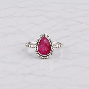 Pear-Shaped Pink Ruby Sterling Silver Ring, Boho Delicate Stackable Band