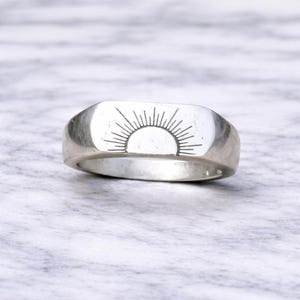 Sterling Silver Sun Signet Ring, Celestial Sunrise Band, Boho Everyday Stackable