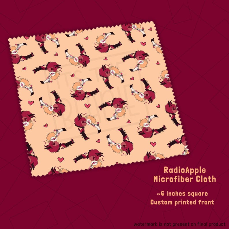 May include: A square microfiber cloth with a repeating pattern of cartoon characters and small pink hearts on a beige background. The cloth is approximately 6 inches square and has the text "RadioApple Microfiber Cloth" printed on it.
