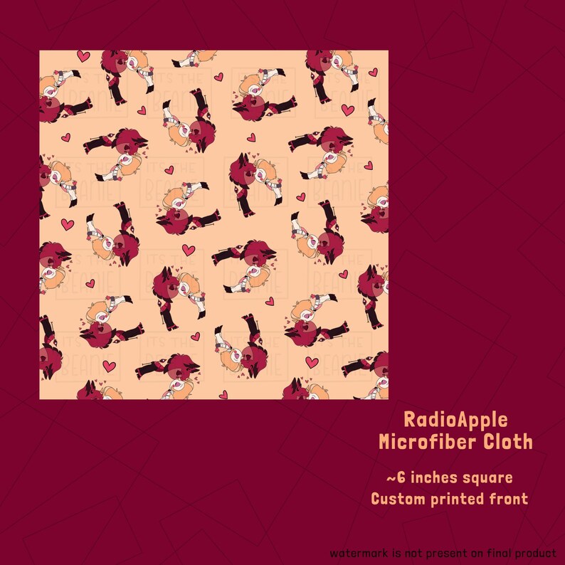 May include: A square microfiber cloth with a repeating pattern of cartoon characters in shades of red, black, and tan, with small pink hearts on a light peach background. The cloth is approximately 6 inches square.