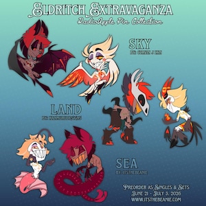 Puede incluir: Una colección de siete pines de personajes estilizados titulada Eldritch Extravaganza RadioApple Pin Collection. Los diseños muestran varias figuras animadas con alas, colas y cuernos en colores rojo, negro y crema, etiquetadas con los nombres de los artistas.