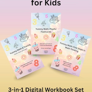 May include: A set of three digital math workbooks for children, with colourful covers featuring illustrations of desserts and numbers. Titles include "Yummy Math & Tracing", "Yummy Math: Playful Flashcards", and "Yummy Math: First Steps in Math Thinking".