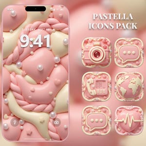 May include: A phone screen displays a pink and cream-colored abstract design with pearls and hearts. The screen shows the time 9:41. Next to it are six pink app icons with a camera, chat bubble, phone, globe, chat bubble, and heart.