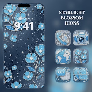 Könnte beinhalten: Ein Smartphone-Bildschirm zeigt ein Blumen-Hintergrundbild mit blauen Blumen und einem Sternenhimmel. Die Uhrzeit ist 9:41 Uhr. Das Bild zeigt auch App-Symbole mit passendem Blumendesign, darunter Telefon, Kamera, Globus und Sprechblasen. Der Text lautet "Starlight Blossom Icons."