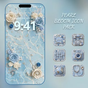 May include: A phone screen displays a floral wallpaper with light blue and white roses, pearls, and the time 9:41. The image also shows six app icons with pearl and floral designs. Text reads "PEARL BLOOM ICON PACK."