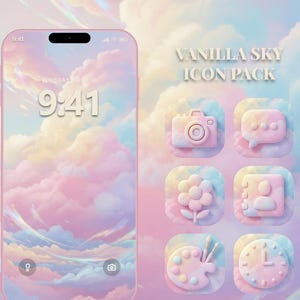 May include: A pink smartphone displays a pastel cloud wallpaper, with the time 9:41 on the screen. The image also features a "Vanilla Sky Icon Pack" with six app icons in soft pastel colors, including a camera, chat bubble, flower, contacts, palette, and clock.