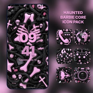 May include: A phone screen displays a spooky, pink and black theme with a skeleton hand, bones, and skulls. The time reads 09:41. The image also shows icon packs with a phone, globe, mountains, game controller, play button, and camera.