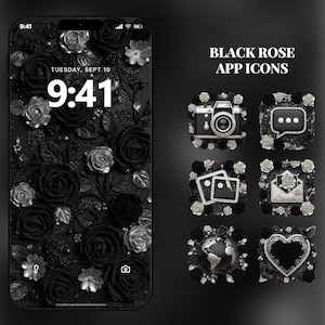 Puede incluir: Un fondo de pantalla de teléfono negro y plateado con un diseño de rosas. La pantalla del teléfono muestra la hora y la fecha. La imagen también muestra iconos de aplicaciones con un tema de rosa negra, incluyendo una cámara, una burbuja de chat y una galería de fotos.