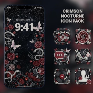 May include: A smartphone screen shows a dark wallpaper with roses, butterflies, and snakes. The image also displays a set of app icons with a matching theme, including a telephone, rose, chat bubble, game controller, record, and profile silhouette. The text reads "Crimson Nocturne Icon Pack."