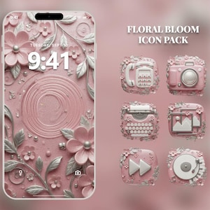 May include: A pink phone screen displays a floral design with the time 9:41. The image also shows a set of pink app icons with floral accents, including a phone, camera, typewriter, photo frame, fast forward, and record player. The text "FLORAL BLOOM ICON PACK" is displayed.