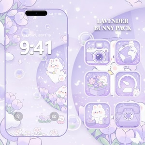 Op de afbeelding: Een lavendelkleurig telefoonscherm en app-icoonpakket met een konijnenthema. De telefoon toont de tijd en datum. De app-iconen omvatten een camera, wereldbol, bloemen, snelheidsmeter, muziekspeler en telefoon. De tekst "LAVENDER BUNNY PACK" is ook zichtbaar.
