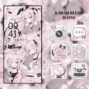 May include: A digital display showing a smartphone lock screen with anime-style character illustrations in shades of pink and white, alongside six square app icons labeled KAWAII BLUSH ICONS featuring a camera, speech bubble, phone, flower, globe, and typewriter.