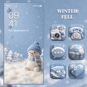 Winterfell iOS Android-appikoner, snöigt blått tema (digital nedladdning)