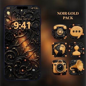 May include: A smartphone screen displays a decorative black and gold design with the time 9:41. The image also shows a set of matching app icons in black and gold, including a phone, chat bubble, globe, person, camera, and gramophone.