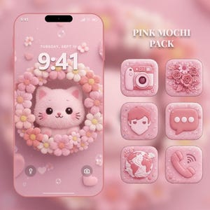 May include: A pink phone screen displays a cute cat surrounded by flowers, with the time 9:41. To the right, six pink app icons are arranged, including a camera, flowers, a person, a chat bubble, a globe, and a phone receiver. The text "PINK MOCHI PACK" is visible.