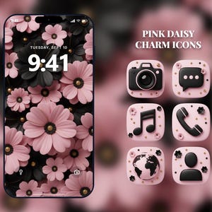 May include: A smartphone screen displays a floral wallpaper with pink daisies and black accents. The time is 9:41 AM, Tuesday, September 10. Adjacent are six pink and black app icons, including a camera, chat bubble, musical note, phone, globe, and user profile.